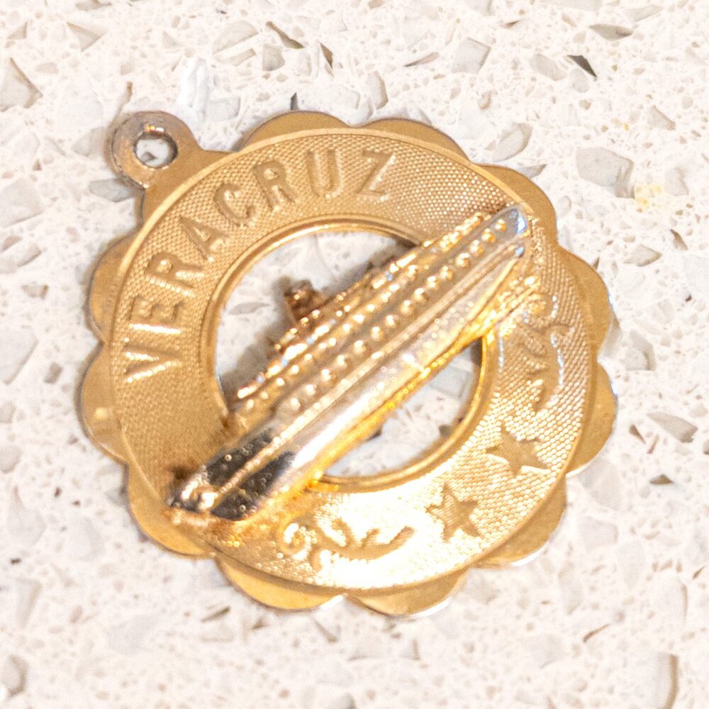 Vintage VERACRUZ Cruise Ship Pendant Charm Gold Plated Nautical Round Travel